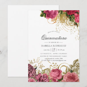 Invitation Quinceañera Vintage rose et or