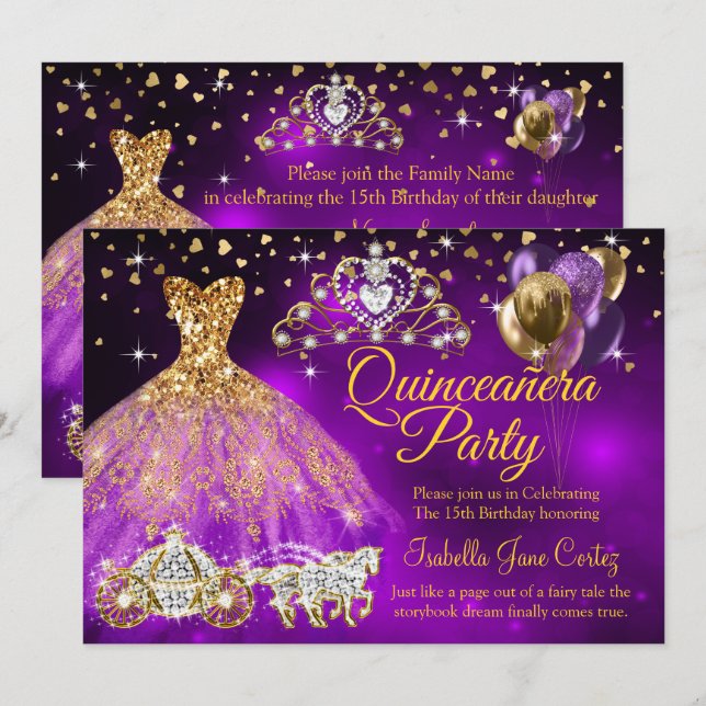 Invitation Quinceanera Violet Balloons Robe Tiara Carrie (Devant / Derrière)