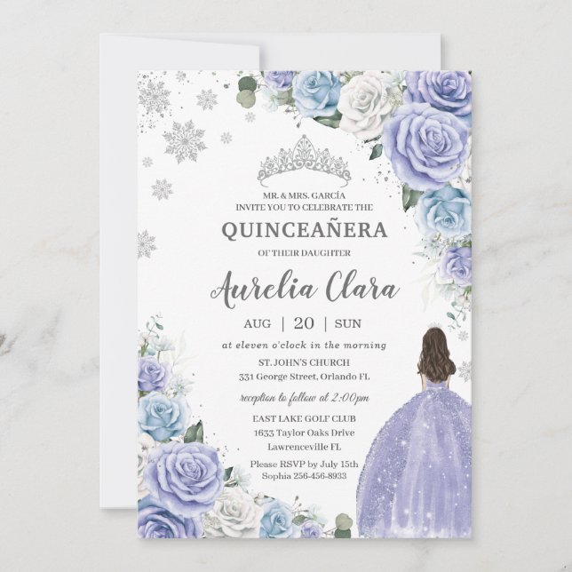 Invitation Quinceañera Violet Blanc Bleu Floral Neige d'hiver (Devant)