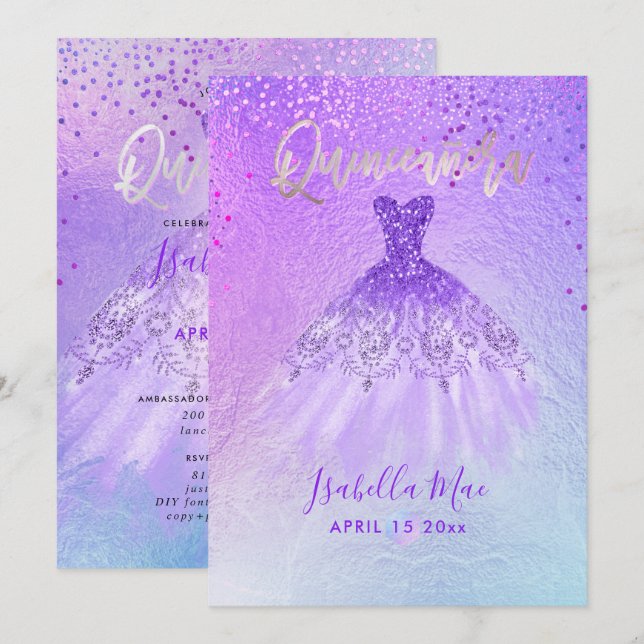 Invitation Quinceanera Violet+Blue Gown+Confetti (Devant / Derrière)
