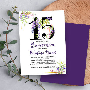 Invitation Quinceanera violet Floral Numéro 15 Anniversaire
