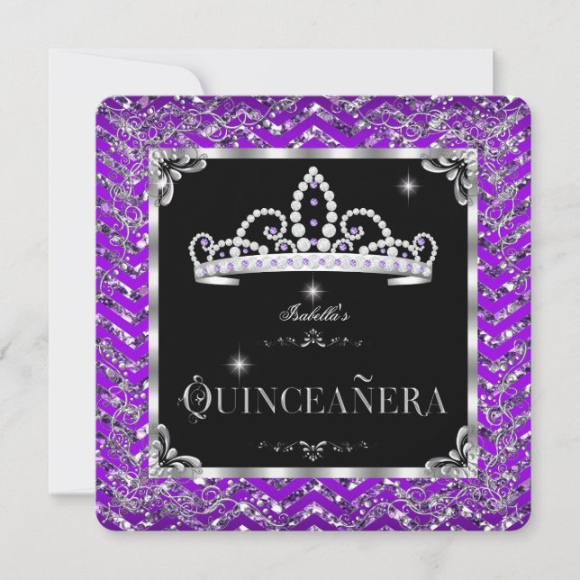 Invitation Quinceanera Violet Noir Argent Diamant Tiara (Devant)