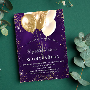 Invitation Quinceanera violet or parties scintillant ballons