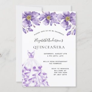 Invitation Quinceanera violet robe blanche floral élégant