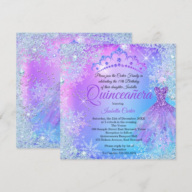 Invitation Quinceanera violet rose bleu hiver WonderLand (Devant / Derrière)