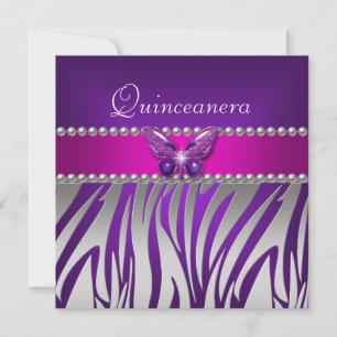 Invitation Quinceanera Violet Rose Zèbre Papillon Argenté