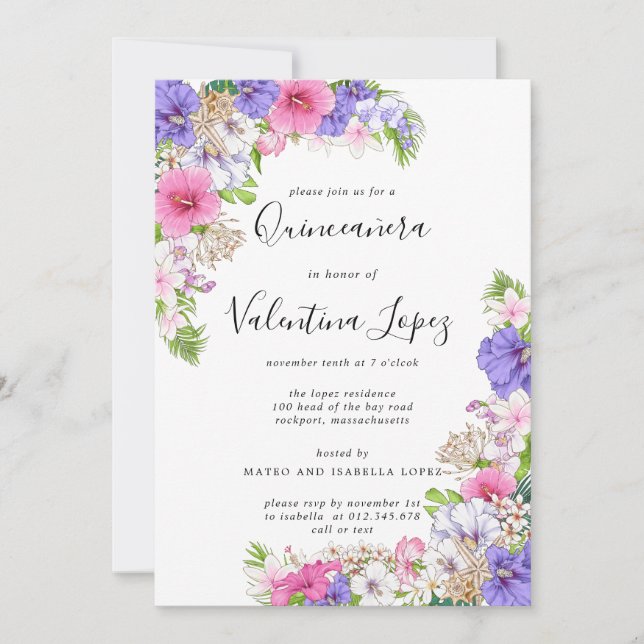 Invitation Quinceanera violette rose jolie tropicale (Devant)