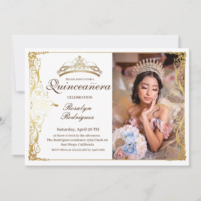 Invitation Quinceanera White Gold Beauté Photo Quinceanera (Devant)