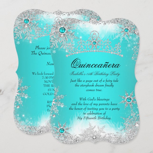 Invitation Quinceanera Winter Wonderland Aqua White Snow (Devant / Derrière)
