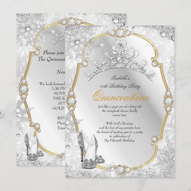 Invitation Quinceanera Winter Wonderland Snowflake Gold White (Devant / Derrière)