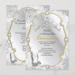 Invitation Quinceanera Winter Wonderland Snowflake Gold White