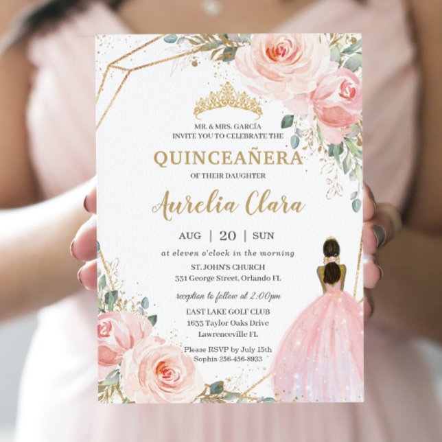 Invitation Quinceañera XV Blush rose Floral Brown Princesse (Créateur téléchargé)