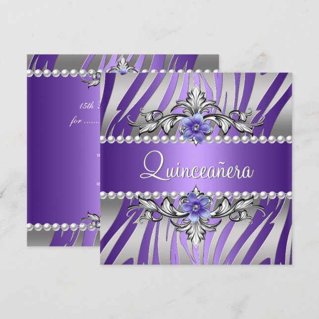Invitation Quinceañera Zebra Purple Pearl Argent (Devant / Derrière)