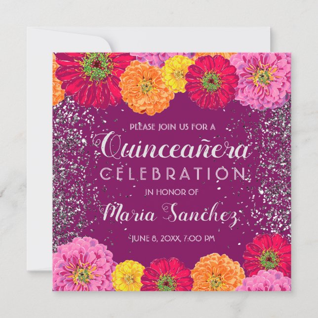 Invitation Quinceañera Zinnia Floral Parties scintillant Purp (Devant)
