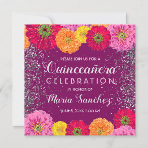 Invitation Quinceañera Zinnia Floral Parties scintillant Purp