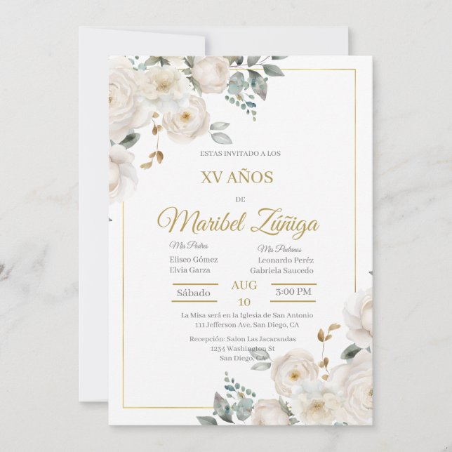 Invitation Quinceinvitation à la fleur blanche (Devant)