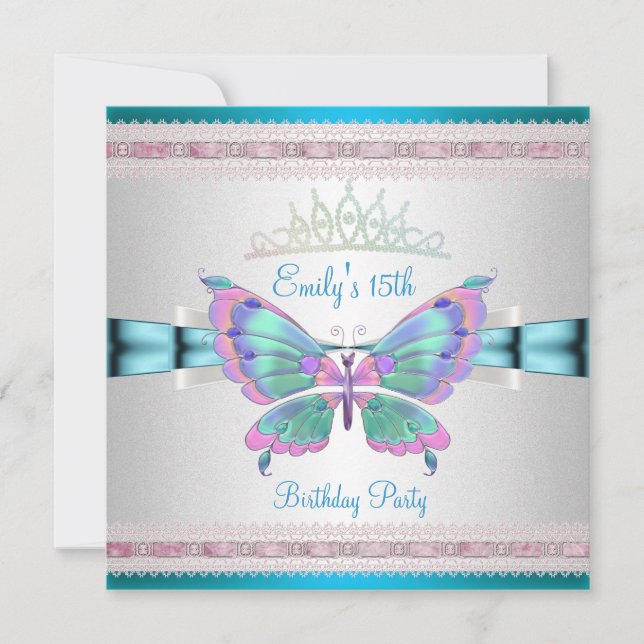 Invitation Quincenera 15e Papillon bleu Turquoise blanc rose (Devant)
