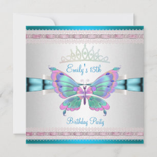 Invitation Quincenera 15e Papillon bleu Turquoise blanc rose
