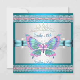 Invitation Quincenera 15e Papillon bleu Turquoise blanc rose