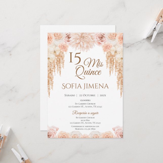 Invitation Quincenera en espagnol Boho (Devant/Arrière en situation)
