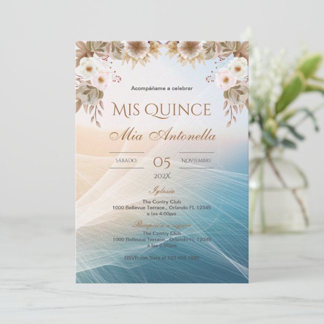 Invitation Quincenera en espagnol BohoFloral (Debout devant)