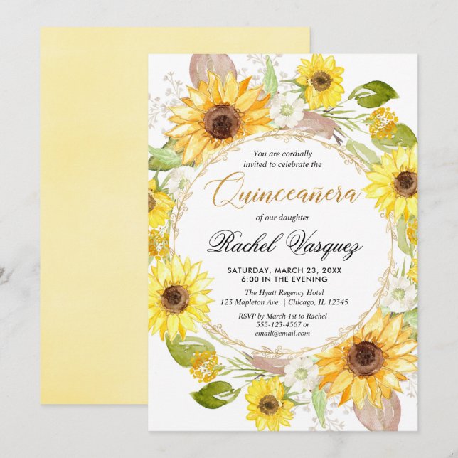 Invitation Quincennera jaune et doré des tournesols (Devant / Derrière)