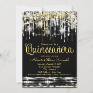 Invitation Quinze ans de fêtes pailletées de noir et d'or