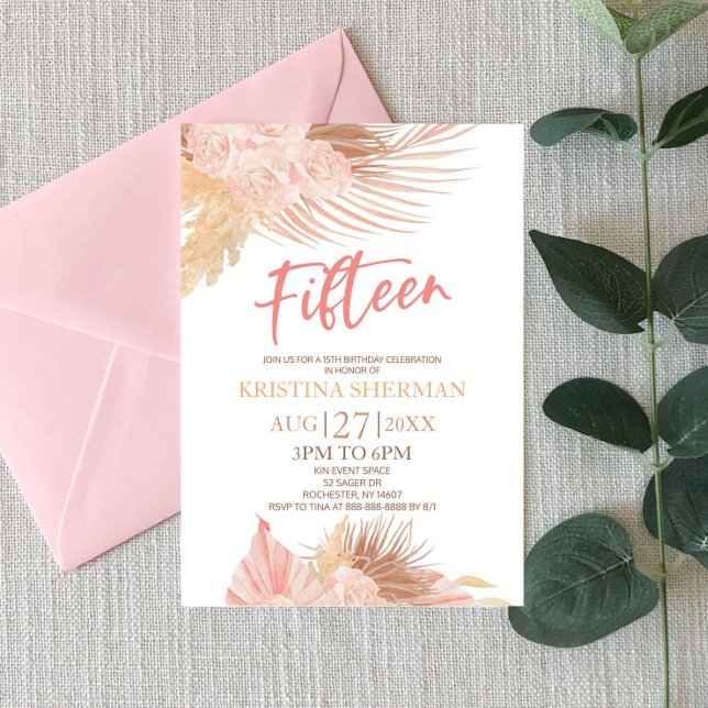 Invitation Quinze Boho rose Floral 15e fête d'anniversaire (Créateur téléchargé)