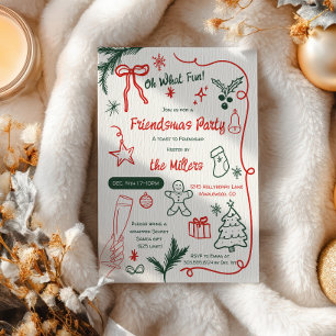 Invitation Quirky Friendsmas de Noël Illustré en Rouge et Ver