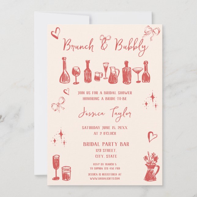 Invitation Quirky unique main tiré nuptiale Brunch et Bubbly (Devant)
