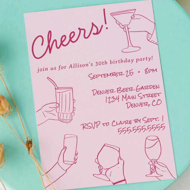 Invitation Quirky Whimsical Hand Drake Cheers Party (pink whimsical quirky hand drawn doodle cheers adult birthday party invitation cute modern sketch)