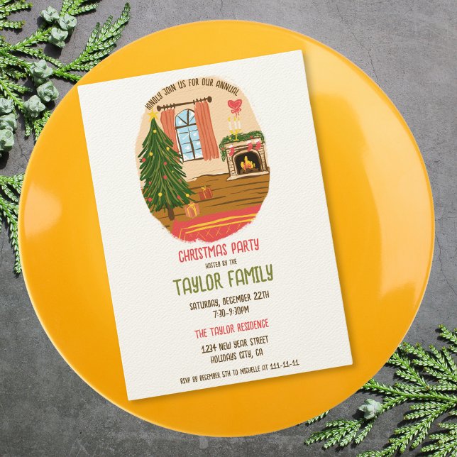 Invitation Quirky Whimsical Main dessinée Dîner de Noël (whimsical christmas decorated cosy room dinner party invitation)