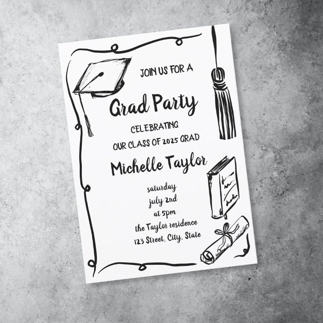 Invitation Quirky Whimsical Unique Main Tirée Grad Party (black and white doodle grad party invitation with wavy frame, grad hat, diploma and book)