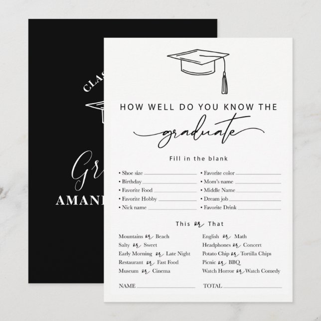 Invitation Quiz du Jeu de Graduation Personnalisé (Devant / Derrière)
