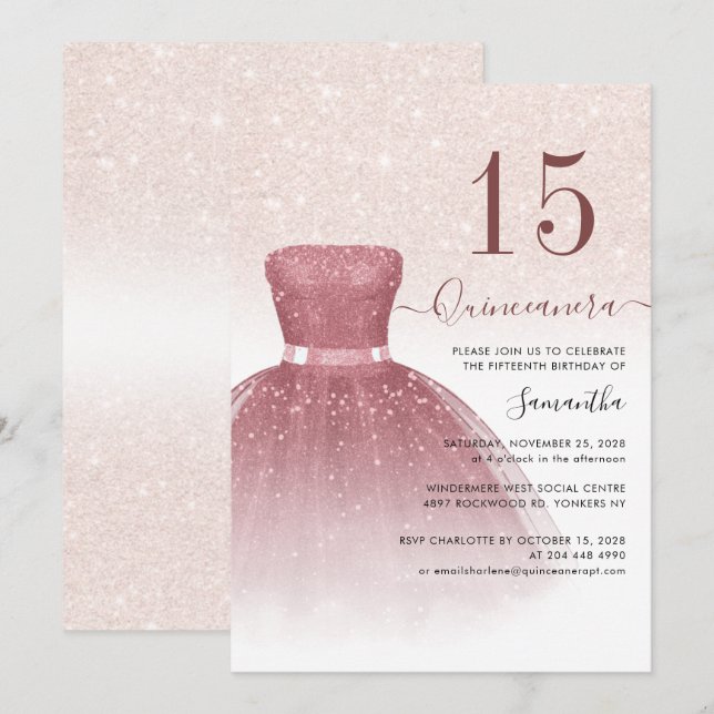 Invitation Quniceanera 15e anniversaire fête Parties scintill (Devant / Derrière)