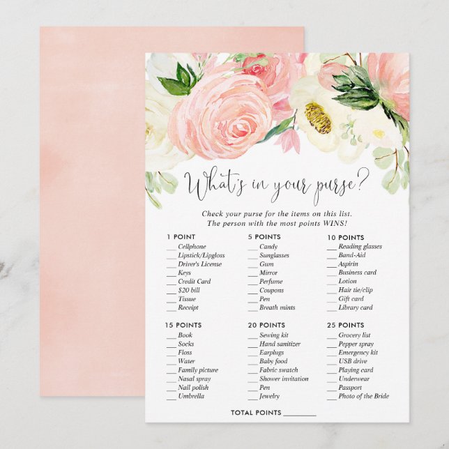 Invitation Qu'y a-t-il dans votre sac de douche nuptiale jeu  (Devant / Derrière)