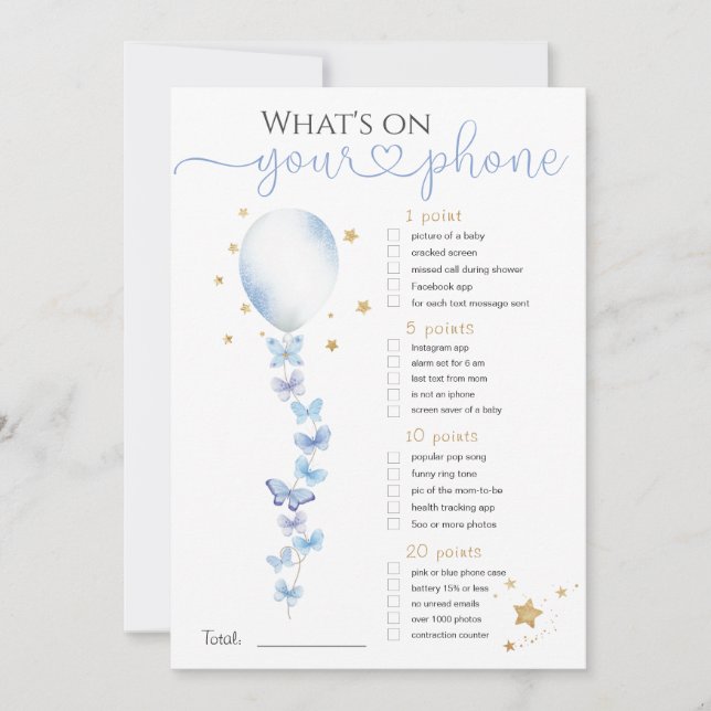 Invitation Qu'y a-t-il sur votre téléphone Baby shower bleu b (Devant)