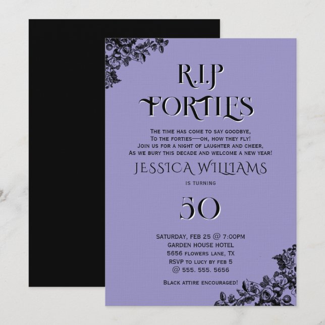 Invitation R.I.P. Forties, Gothic 50th Birthday  (Devant / Derrière)
