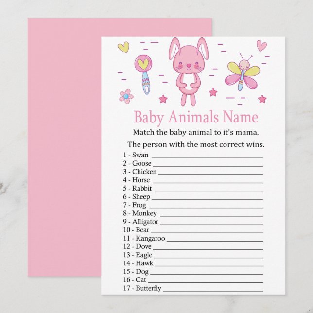 Invitation Rabbit rose Bébé Animaux Nom Jeu (Devant / Derrière)