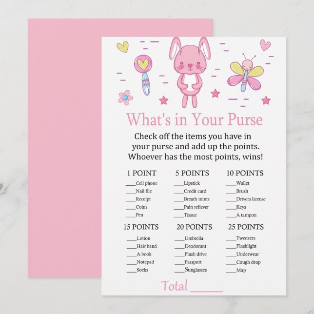 Invitation Rabbit rose Ce qui est dans votre sac baby shower  (Devant / Derrière)