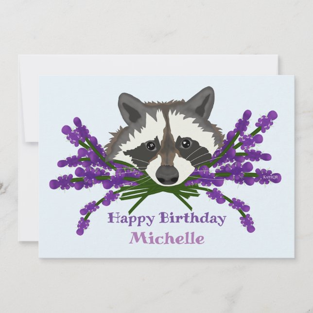 Invitation Raccoon avec lavande. Joyeux anniversaire (Devant)