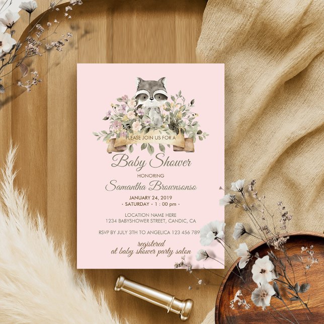 Invitation Raccoon Baby shower botanique rose (Créateur téléchargé)