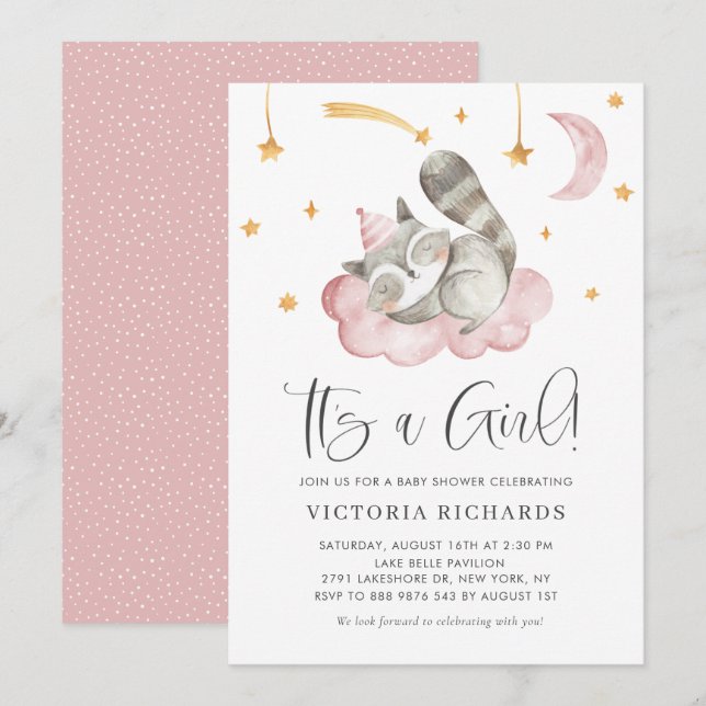 Invitation Raccoon dormant rose C'est un Baby shower de fille (Devant / Derrière)
