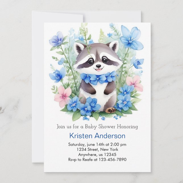 Invitation Raccoon Meadow Magic Blue Boy Baby shower (Devant)