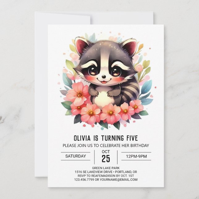 Invitation Raccoon personnalisé modifiable fille Anniversaire (Devant)