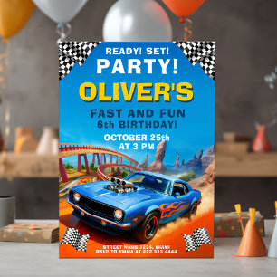 Invitation Race Car Anniversaire, Blue Muscle Car Party