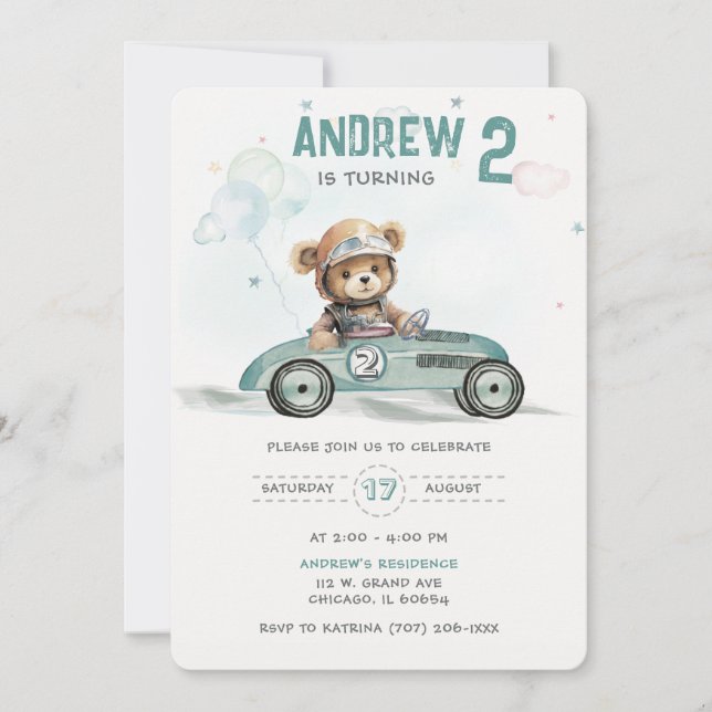 Invitation Race Car Baby Bear 2e anniversaire (Devant)