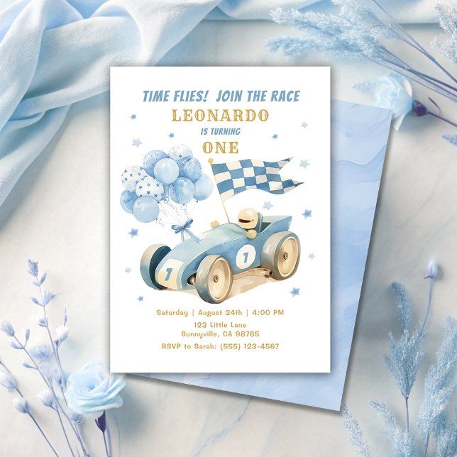 Invitation Race Car Blue Aquarelle Garçon Premier Anniversair (Créateur téléchargé)