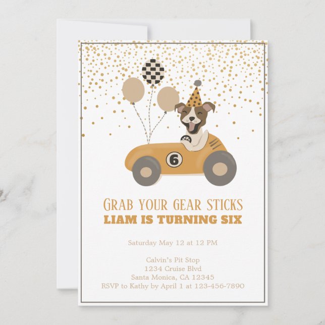 Invitation Race Car Chien Boys Sixième fête d'anniversaire (Devant)
