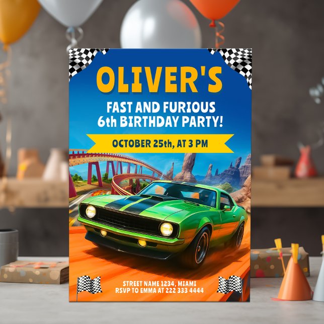 Invitation Race Car fête d'anniversaire avec Green Muscle Car (Créateur téléchargé)